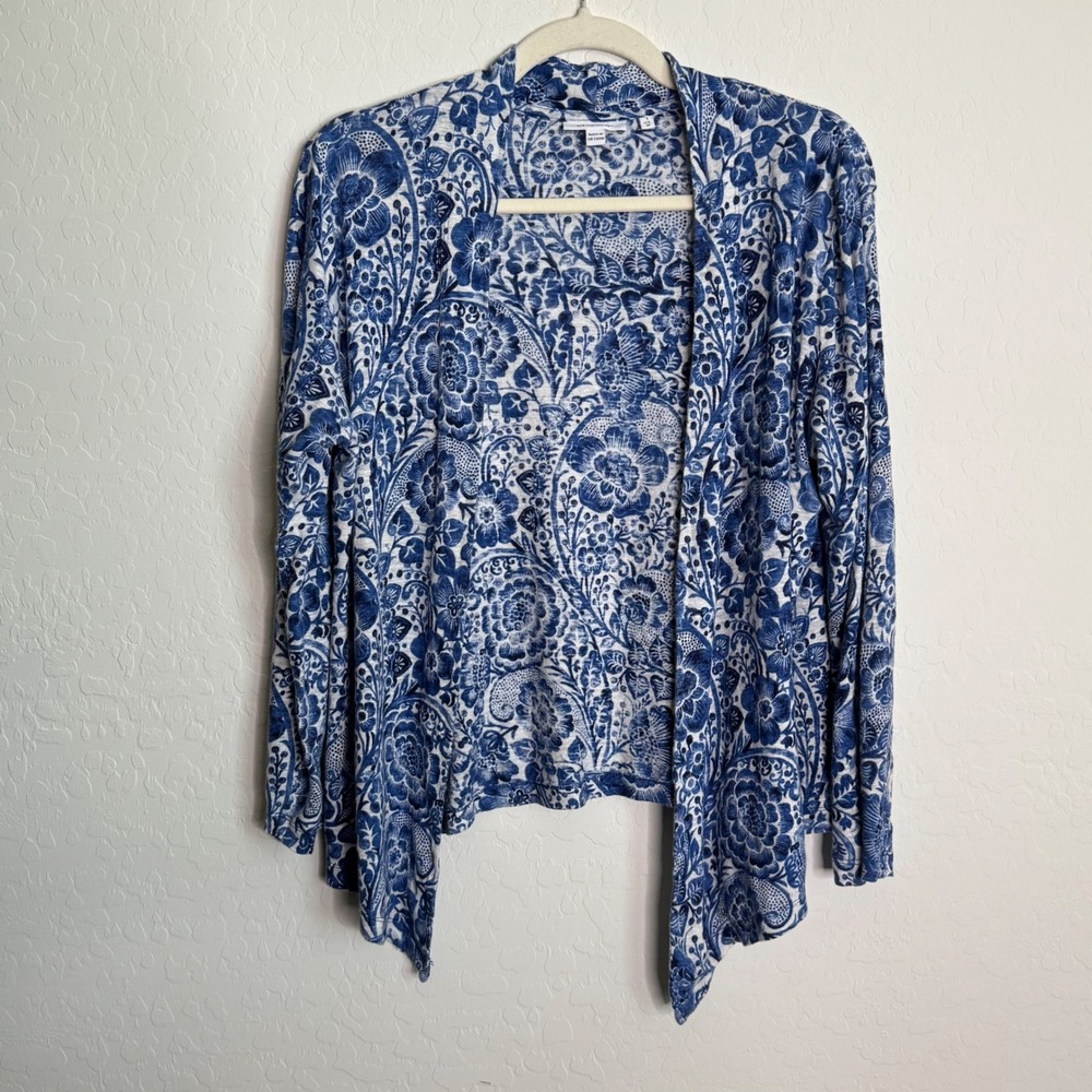 Chico's Womens Blue White Floral Paisley 100% Linen Open Front Cardigan Sz 1 M